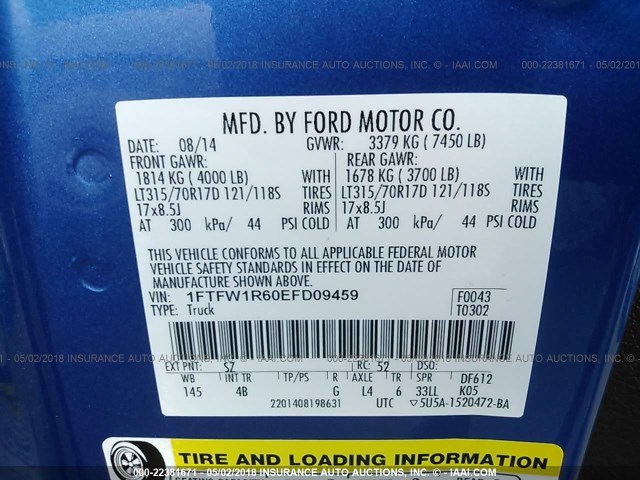 1FTFW1R60EFD09459 - 2014 FORD F150 SVT RAPTOR BLUE photo 9