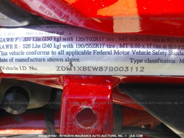 ZDM1XBEW87B003112 - 2007 DUCATI 1098 S RED photo 10