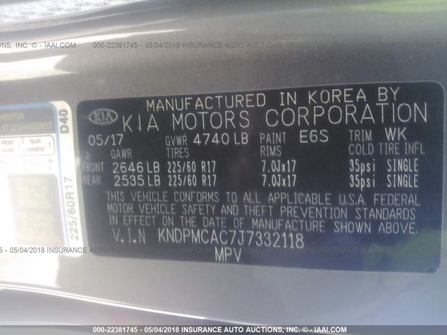 KNDPMCAC7J7332118 - 2018 KIA SPORTAGE LX GRAY photo 9