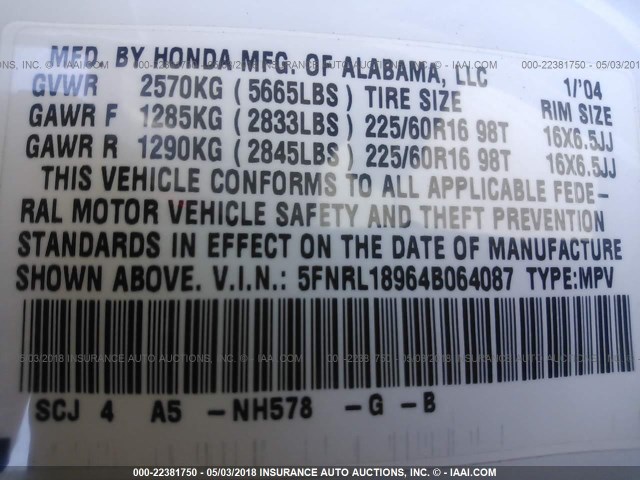 5FNRL18964B064087 - 2004 HONDA ODYSSEY EXL WHITE photo 9