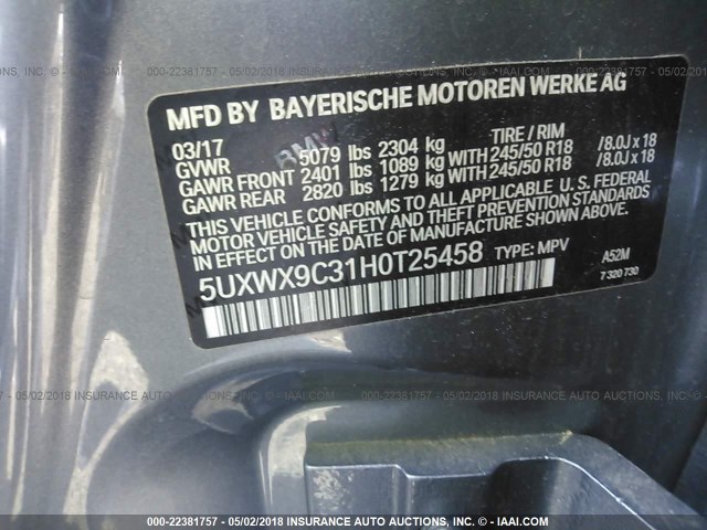 5UXWX9C31H0T25458 - 2017 BMW X3 XDRIVE28I BLUE photo 9