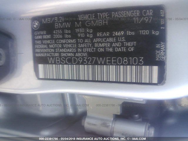 WBSCD9327WEE08103 - 1998 BMW M3 SILVER photo 9