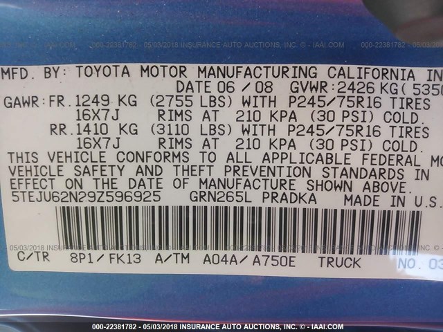 5TEJU62N29Z596925 - 2009 TOYOTA TACOMA DOUBLE CAB PRERUNNER BLUE photo 9