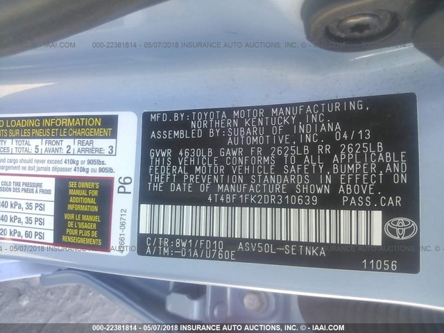 4T4BF1FK2DR310639 - 2013 TOYOTA CAMRY L/SE/LE/XLE Light Blue photo 9