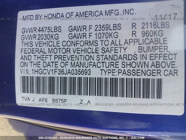 1HGCV1F36JA035693 - 2018 HONDA ACCORD SPORT 蓝色 照片 9