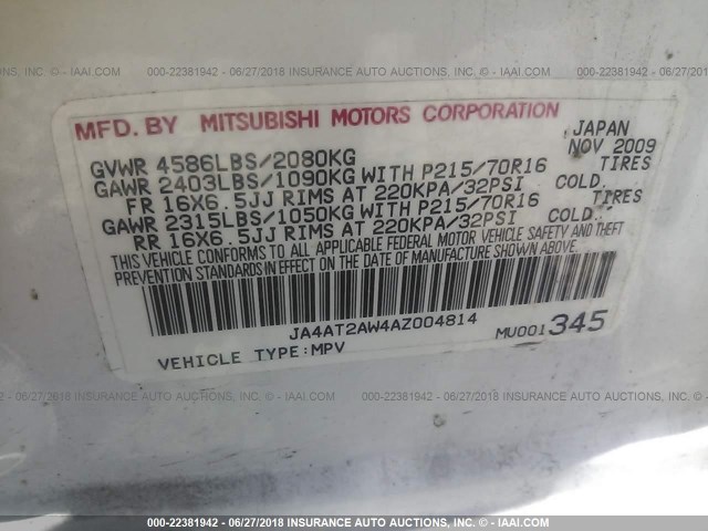 JA4AT2AW4AZ004814 - 2010 MITSUBISHI OUTLANDER ES Ağ foto 9