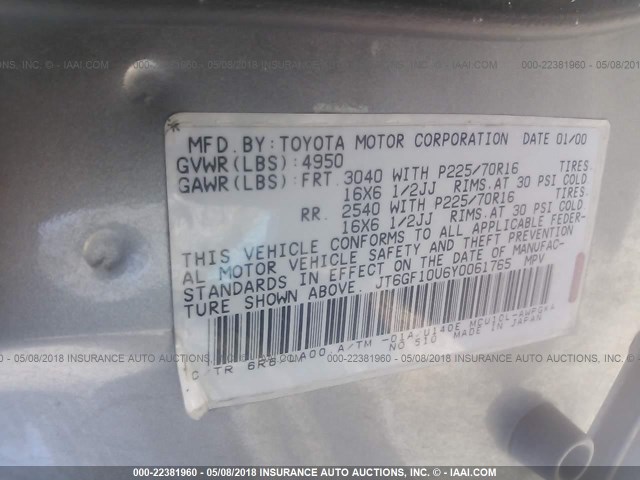 JT6GF10U6Y0061765 - 2000 LEXUS RX 300 GOLD photo 9