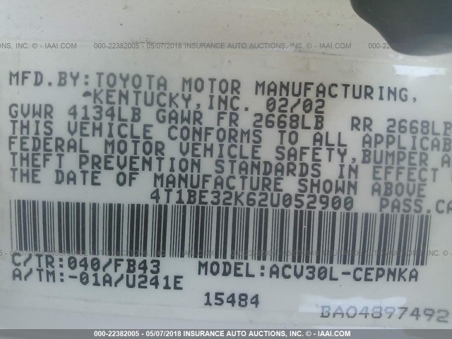 4T1BE32K62U052900 - 2002 TOYOTA CAMRY LE/XLE/SE თეთრი ფოტო 9