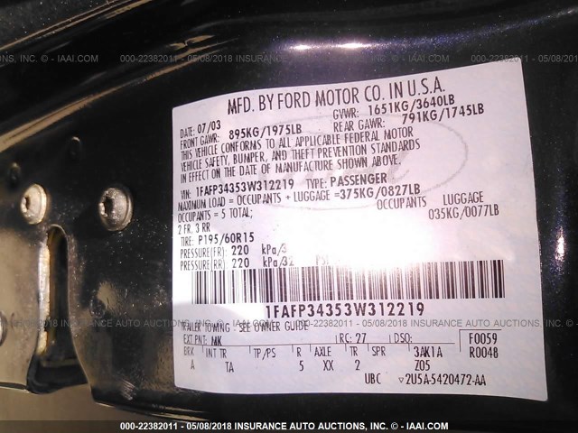 1FAFP34353W312219 - 2003 FORD FOCUS SE COMFORT/SE SPORT BLUE photo 9