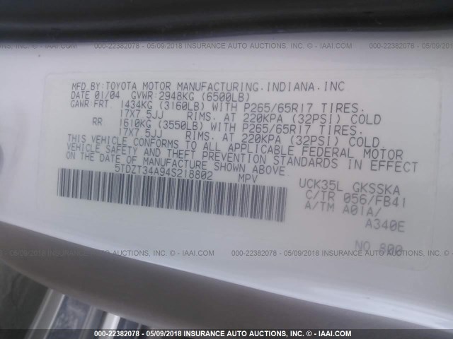 5TDZT34A94S218802 - 2004 TOYOTA SEQUOIA SR5 白色 照片 9