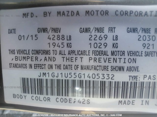 JM1GJ1U55G1405332 - 2016 MAZDA 6 SPORT GRAY photo 9