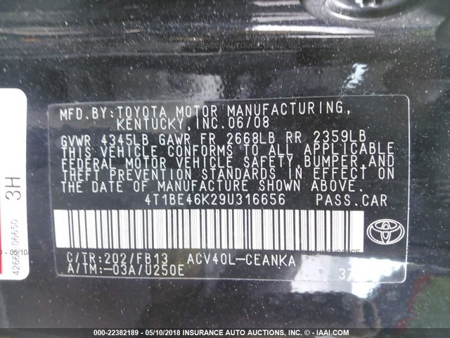 4T1BE46K29U316656 - 2009 TOYOTA CAMRY SE/LE/XLE BLACK photo 9