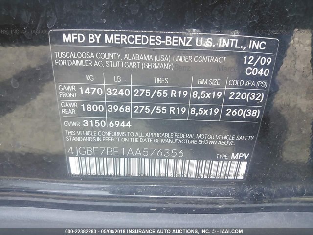 4JGBF7BE1AA576356 - 2010 MERCEDES-BENZ GL 450 4MATIC BLACK photo 9