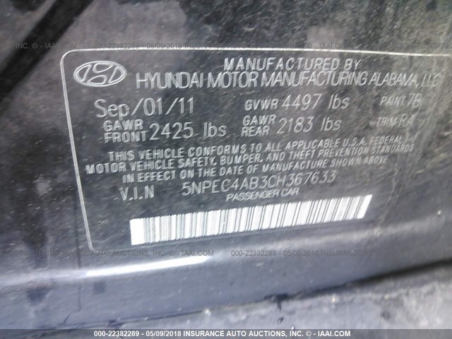 5NPEC4AB3CH367633 - 2012 HYUNDAI SONATA SE/LIMITED BLACK photo 9