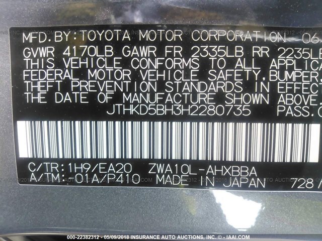 JTHKD5BH3H2280735 - 2017 LEXUS CT 200 GRAY photo 9