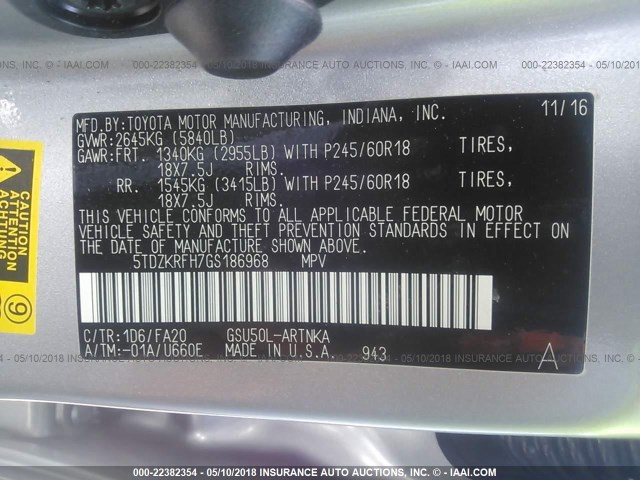 5TDZKRFH7GS186968 - 2016 TOYOTA HIGHLANDER LE/LE PLUS SILVER photo 9