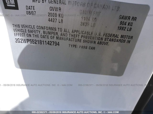 2G2WP552181142794 - 2008 PONTIAC GRAND PRIX თეთრი ფოტო 9