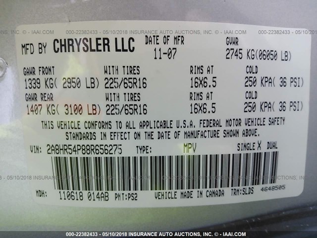 2A8HR54P88R656275 - 2008 CHRYSLER TOWN & COUNTRY TOURING SILVER photo 9