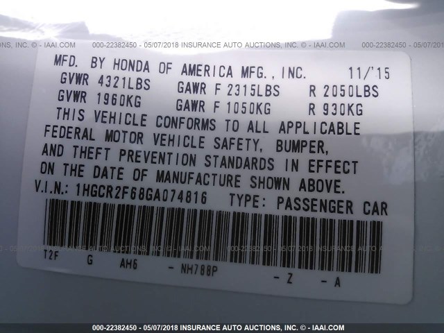 1HGCR2F68GA074816 - 2016 HONDA ACCORD SPORT 白色 照片 9