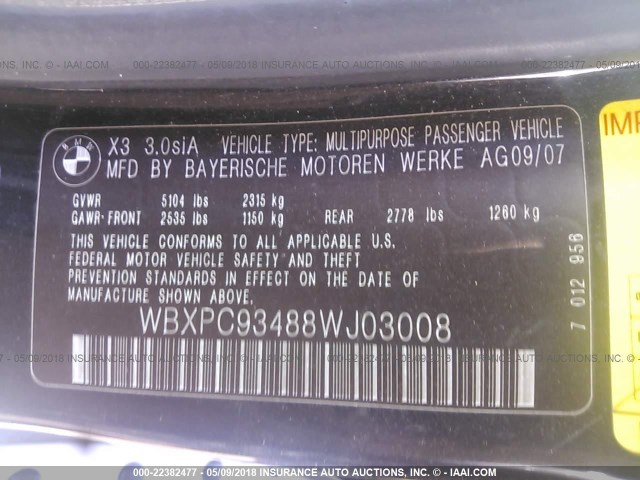 WBXPC93488WJ03008 - 2008 BMW X3 3.0SI BLACK photo 9