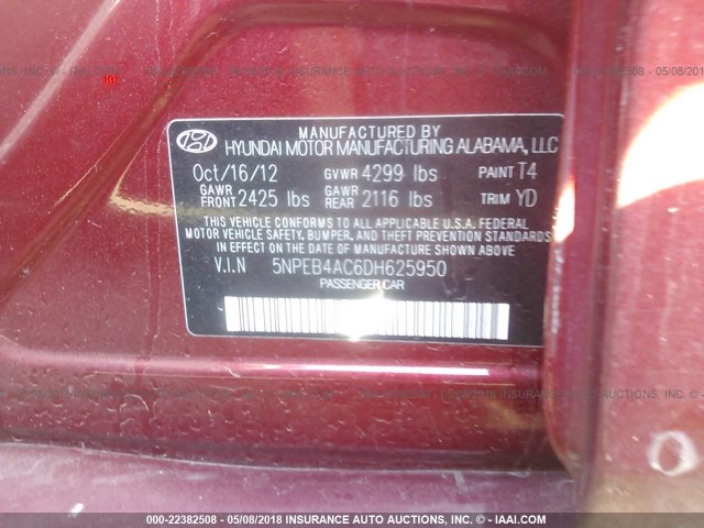 5NPEB4AC6DH625950 - 2013 HYUNDAI SONATA GLS RED photo 9