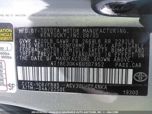 4T1BE30K46U107952 - 2006 TOYOTA CAMRY LE/XLE/SE 银色 照片 9