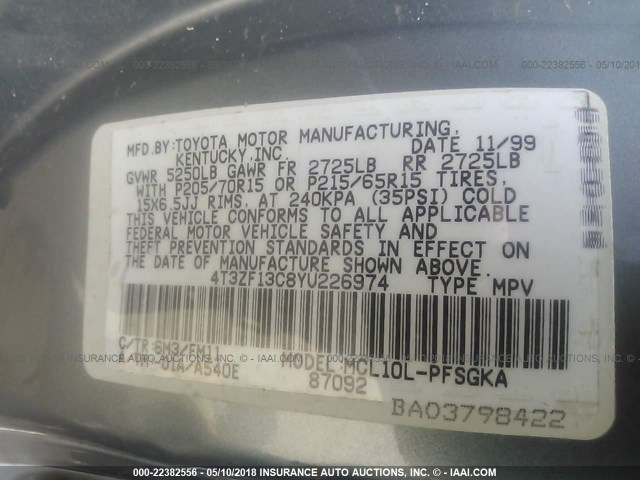 4T3ZF13C8YU226974 - 2000 TOYOTA SIENNA LE/XLE BLUE photo 9