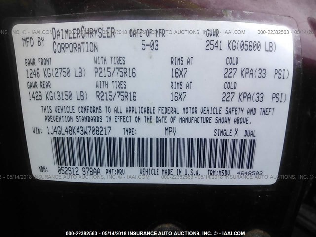 1J4GL48K43W708217 - 2003 JEEP LIBERTY SPORT/FREEDOM მუქწითელი ფოტო 9