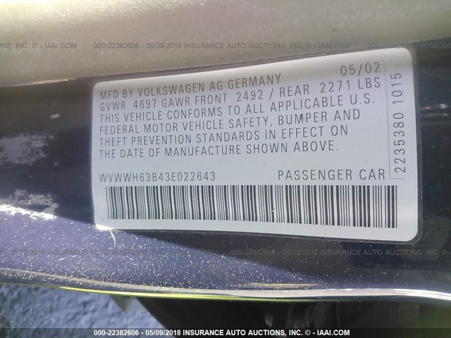 WVWWH63B43E022643 - 2003 VOLKSWAGEN PASSAT GLX 蓝色 照片 9