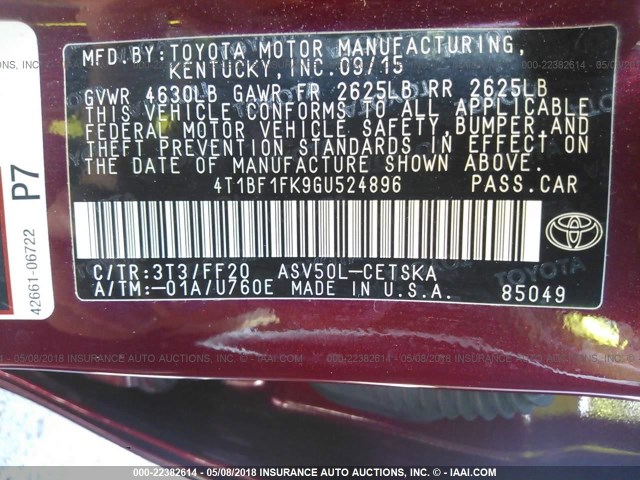 4T1BF1FK9GU524896 - 2016 TOYOTA CAMRY LE/XLE/SE/XSE RED photo 9