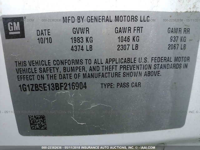 1G1ZB5E13BF216904 - 2011 CHEVROLET MALIBU LS 白色 照片 9