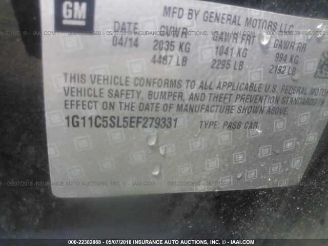 1G11C5SL5EF279331 - 2014 CHEVROLET MALIBU 1LT 黑色 照片 9