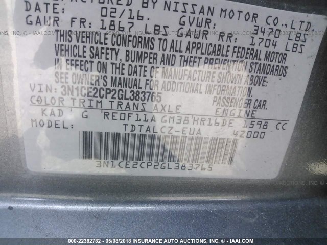 3N1CE2CP2GL383765 - 2016 NISSAN VERSA NOTE S/S PLUS/SV/SL/SR GRAY photo 9