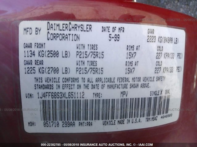 1J4FF68S3XL651112 - 1999 JEEP CHEROKEE SPORT/CLASSIC წითელი ფოტო 9