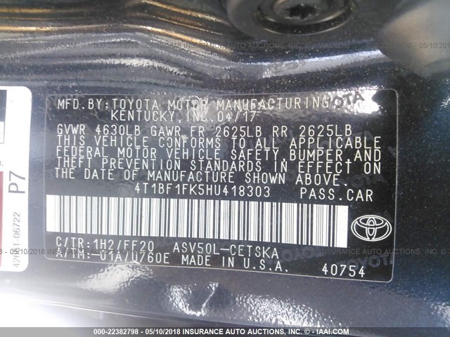 4T1BF1FK5HU418303 - 2017 TOYOTA CAMRY LE/XLE/SE/XSE 黑色 照片 9