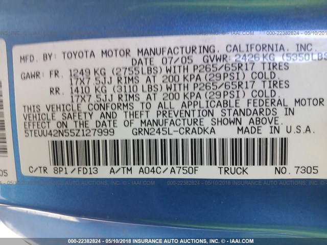 5TEUU42N55Z127999 - 2005 TOYOTA TACOMA ACCESS CAB Blau Foto 9
