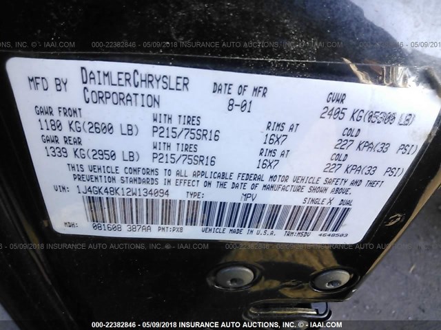 1J4GK48K12W134094 - 2002 JEEP LIBERTY SPORT 黑色 照片 9