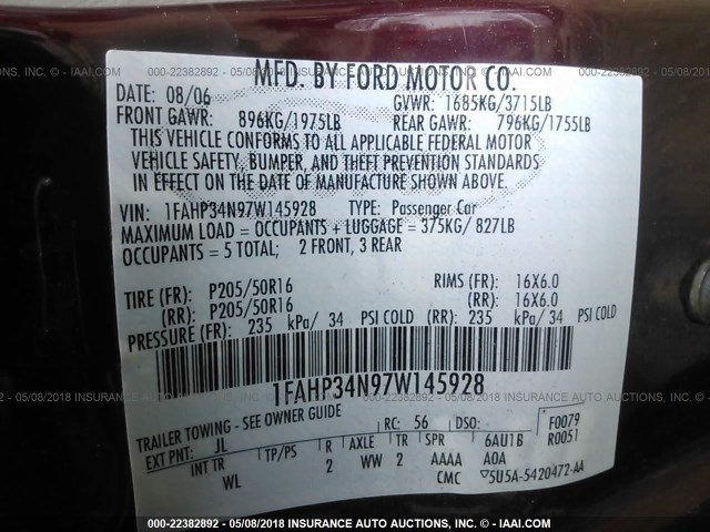 1FAHP34N97W145928 - 2007 FORD FOCUS ZX4/S/SE/SES 栗色 照片 9