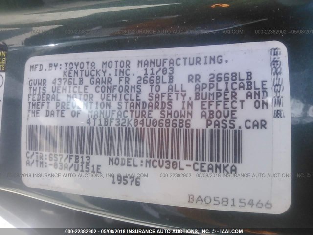 4T1BF32K04U068686 - 2004 TOYOTA CAMRY LE/XLE/SE GREEN photo 9