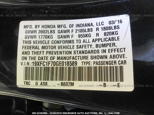 19XFC1F70GE018589 - 2016 HONDA CIVIC EXL BLUE photo 9