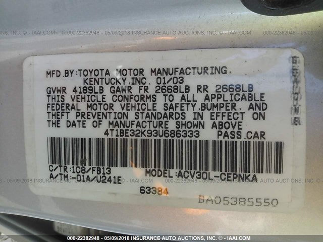 4T1BE32K93U686333 - 2003 TOYOTA CAMRY LE/XLE/SE ვერცხლისფერი ფოტო 9