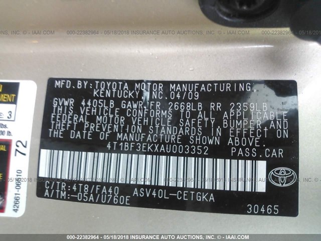 4T1BF3EKXAU003352 - 2010 TOYOTA CAMRY SE/LE/XLE GOLD photo 9