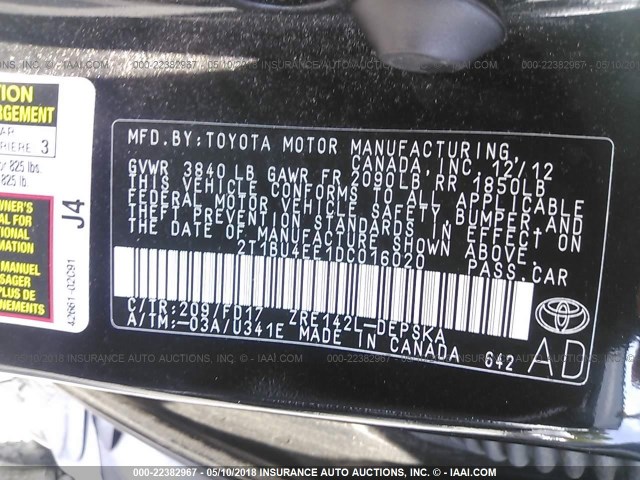 2T1BU4EE1DC016020 - 2013 TOYOTA COROLLA S/LE BLACK photo 9