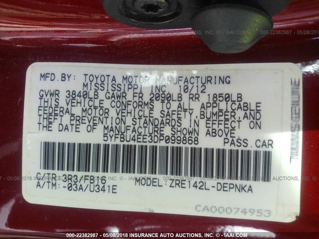 5YFBU4EE3DP099868 - 2013 TOYOTA COROLLA S/LE RED photo 9