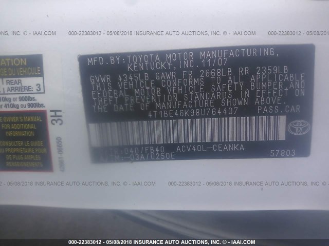 4T1BE46K98U764407 - 2008 TOYOTA CAMRY CE/LE/XLE/SE WHITE photo 9