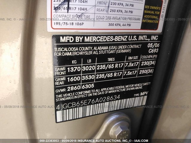 4JGCB65E76A028634 - 2006 MERCEDES-BENZ R 350 GOLD photo 9