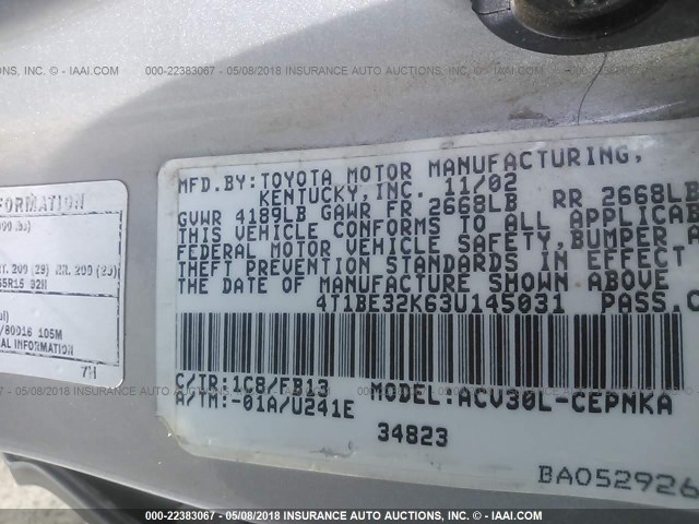 4T1BE32K63U145031 - 2003 TOYOTA CAMRY LE/XLE/SE თაფლისფერი ფოტო 9