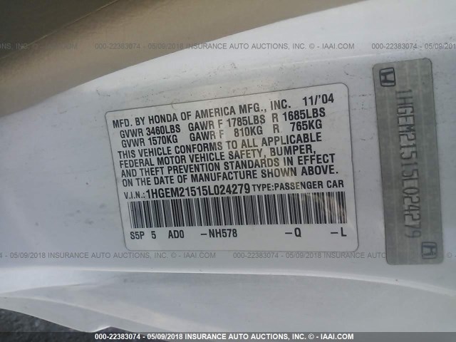 1HGEM21515L024279 - 2005 HONDA CIVIC LX WHITE photo 9