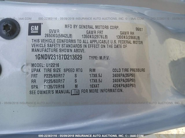 1GNDV23187D213629 - 2007 CHEVROLET UPLANDER LS 浅蓝色 照片 9