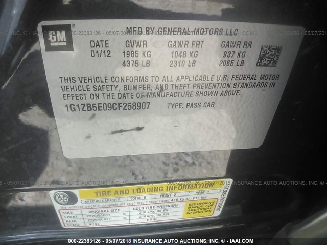 1G1ZB5E09CF258907 - 2012 CHEVROLET MALIBU LS 灰色 照片 9